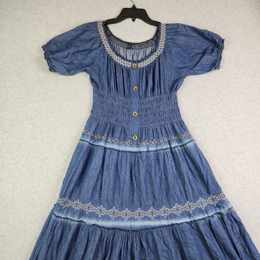 Indigo & Lace Denim Maxi Dress Womens S Blue Peasant Smocked Tiered Embroidered